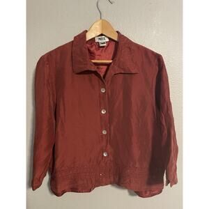 Vintage Womens Top Size 15/16 Red Silk Satin Button Up Long Sleeve Neutral Y2K